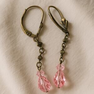 Vintage Pink Glass Earrings 2 Inch Bronze Dangle Boho Jewelry